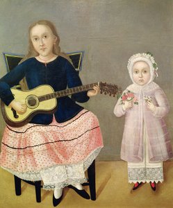 Young Girl with a Guitar and Child with a Bouquet by Mexican School